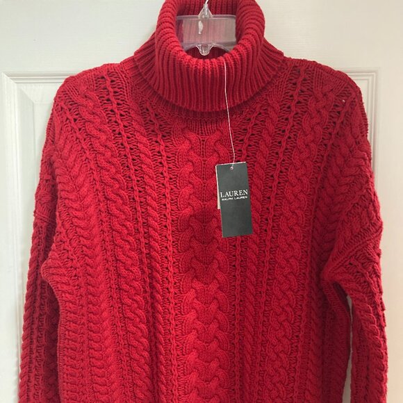 New Ralph Lauren Cable-Knit Red Cotton-Blend Turtleneck S-M - Picture 1 of 8